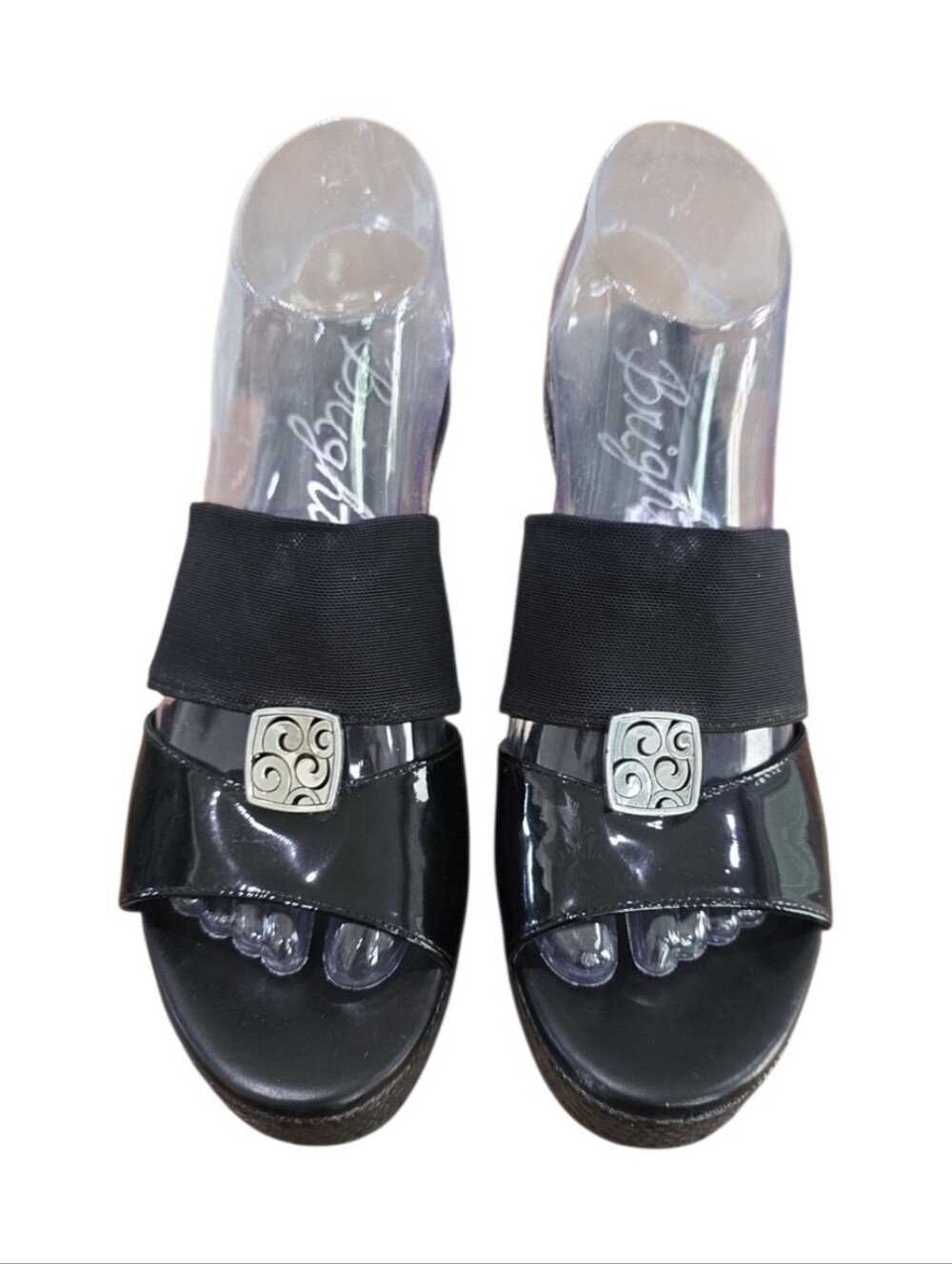 Brighton Women's DREAM Black Fabric & Patent Leather Wedge Sandals. Size 8M